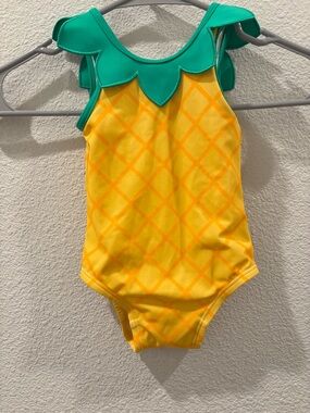 Girls Hanna Andersson Yellow Swim One-Piece with Green Leaf Trim